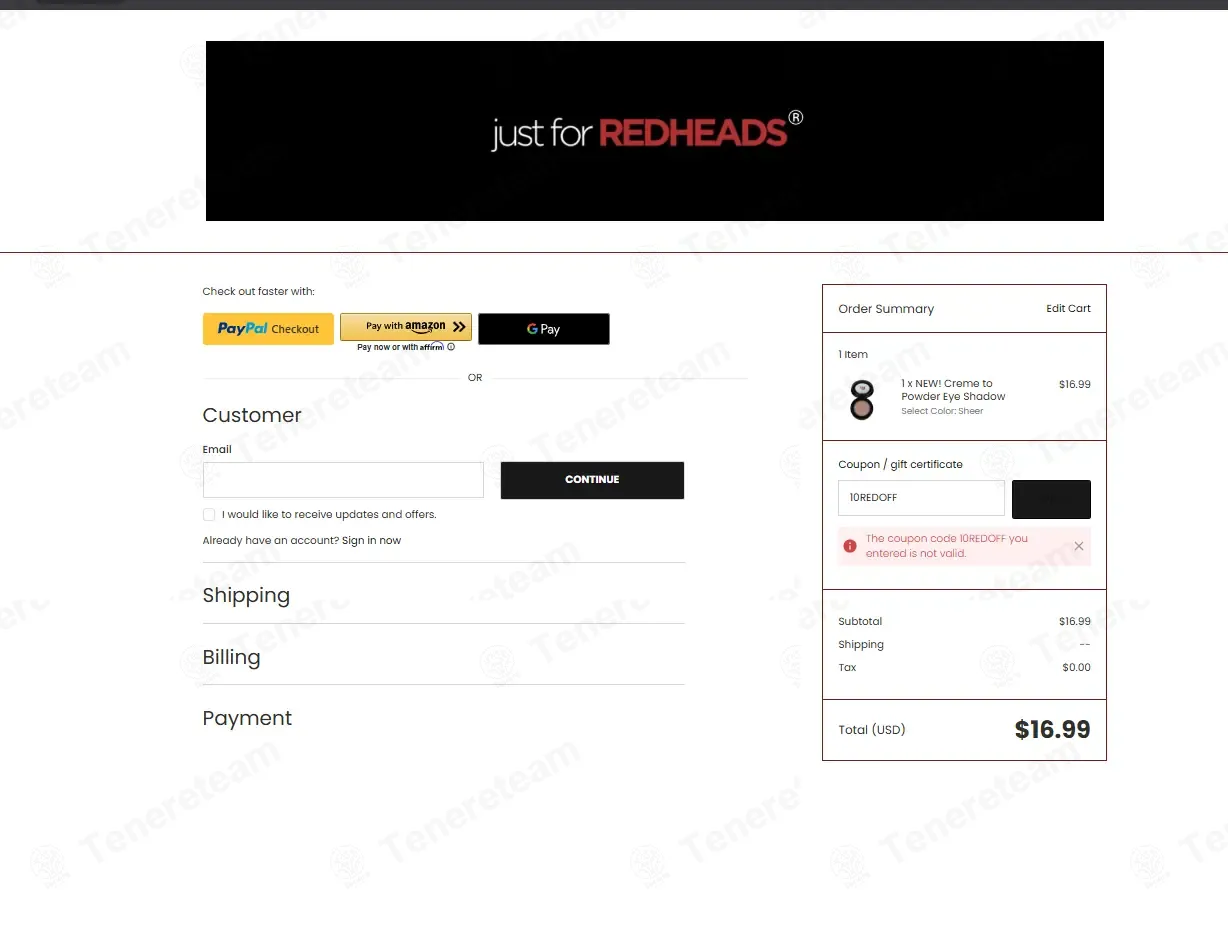 Just For Redheads coupon code: 10% off with 10REDOFF. Tested and valid as 2 months ago.