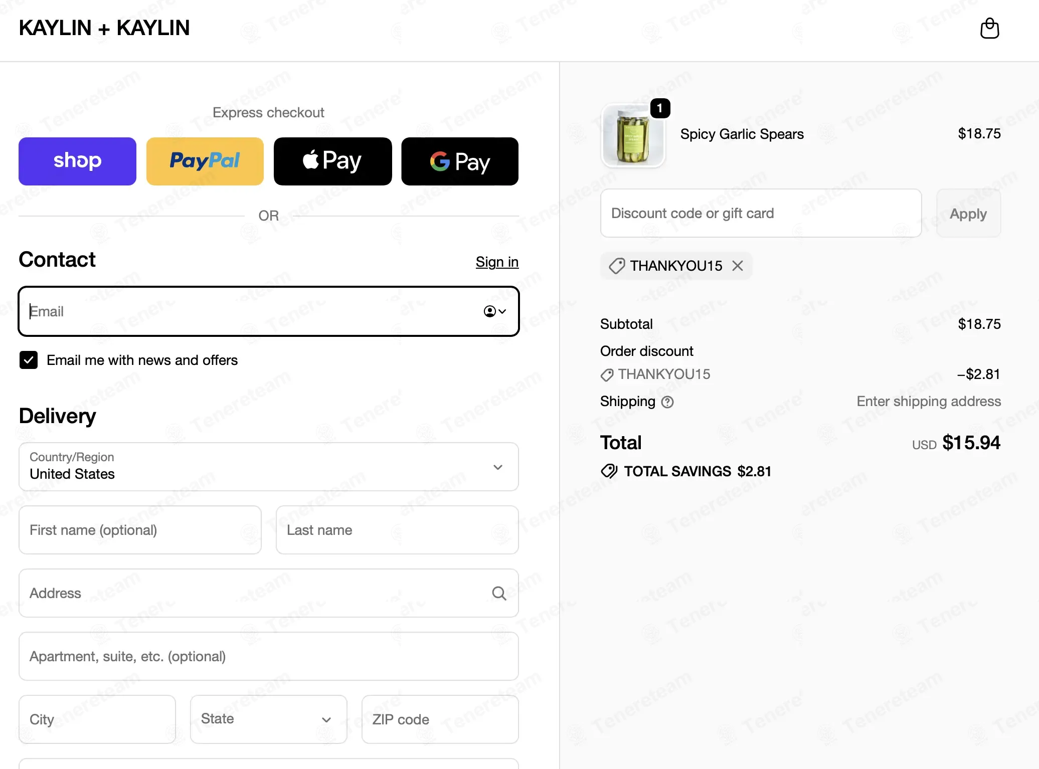 Kaylin and Kaylin coupon code: 15% off with THANKYOU15. Tested and valid as 1 month ago.