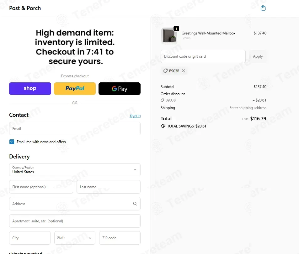 Post And Porch coupon code: 15% off with B903B. Tested and valid as 1 week ago.