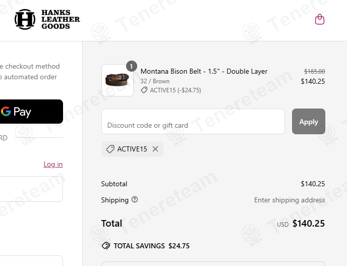 Hanks Belts coupon code: 15% off with ACTIVE15. Tested and valid as 1 year ago.