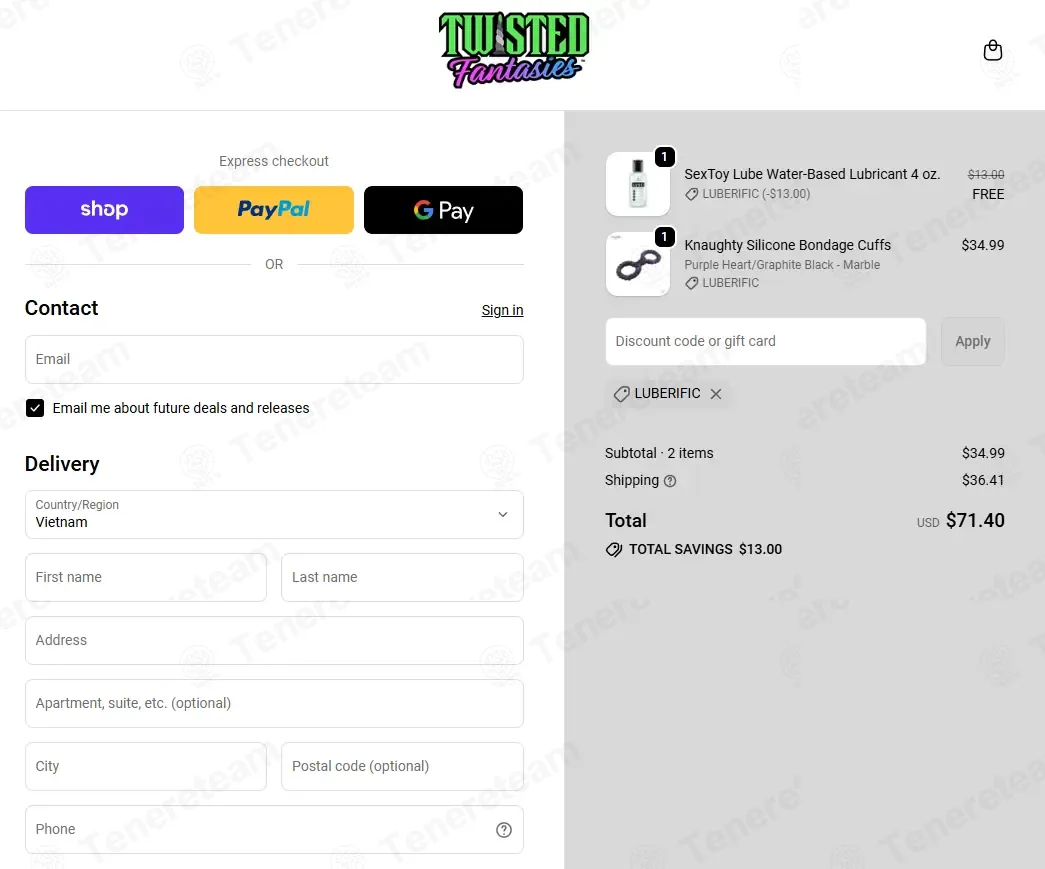 Twisted Fantasies coupon code: Sale off with LUBERIFIC. Tested and valid as 5 days ago.