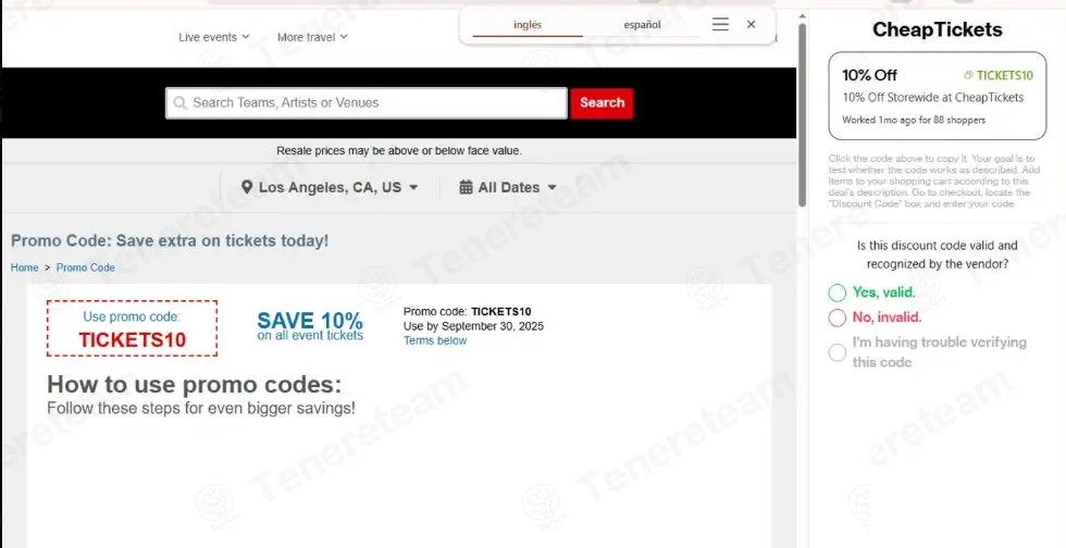 CheapTickets coupon code: 10% off with TICKETS10. Tested and valid as 4 months ago.