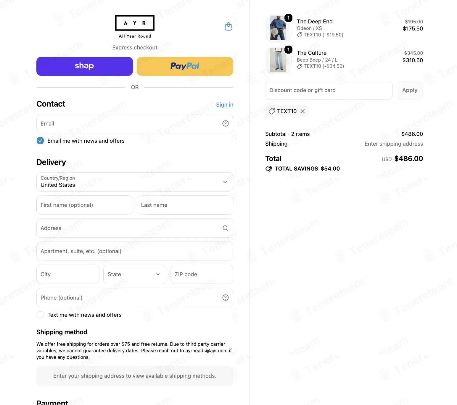 AYR coupon code: 10% off with TEXT10. Tested and valid as 1 week ago.