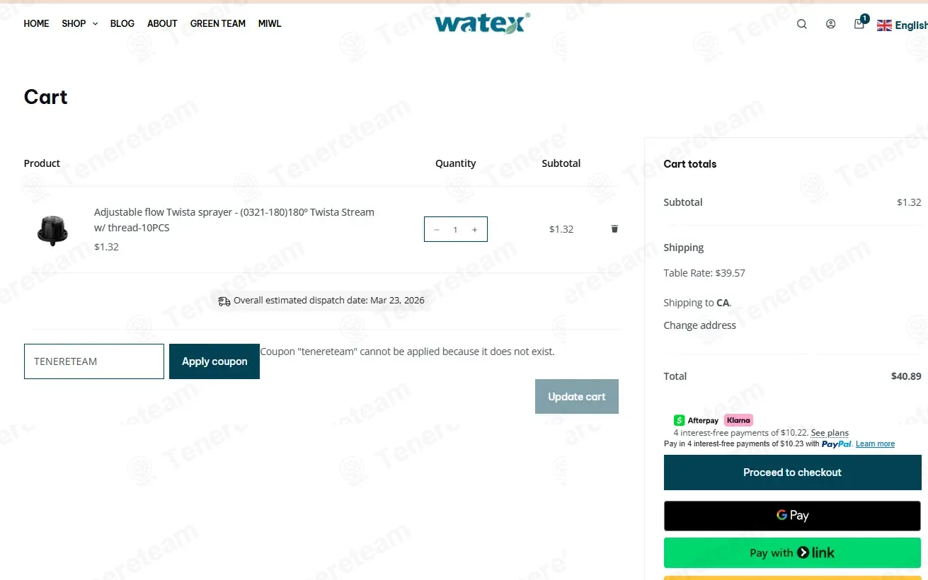 Watex Green Living coupon code: 10% off with TENERETEAM. Tested and valid as 3 months ago.