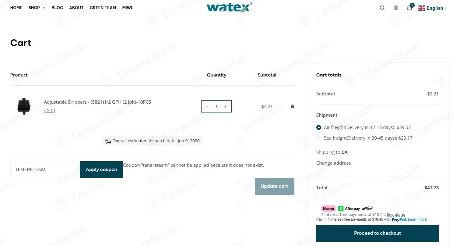 Watex Green Living coupon code: 10% off with TENERETEAM. Tested and valid as 3 months ago.