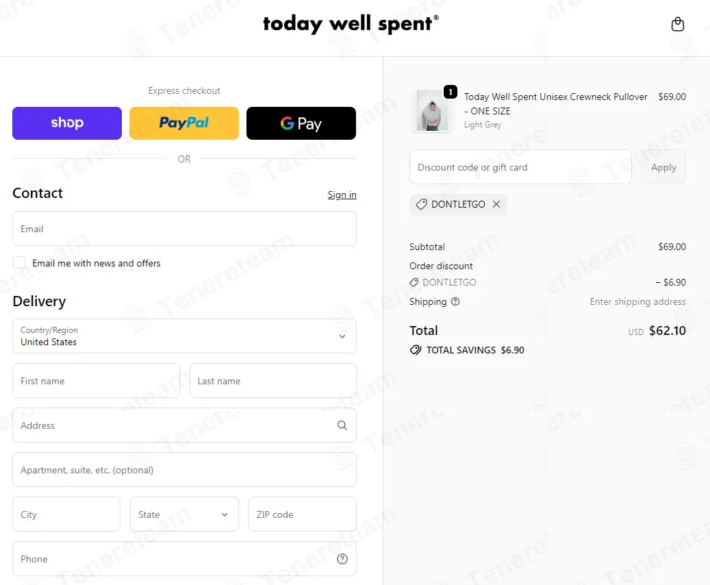 Today Well Spent coupon code: 10% off with DONTLETGO. Tested and valid as 2 weeks ago.