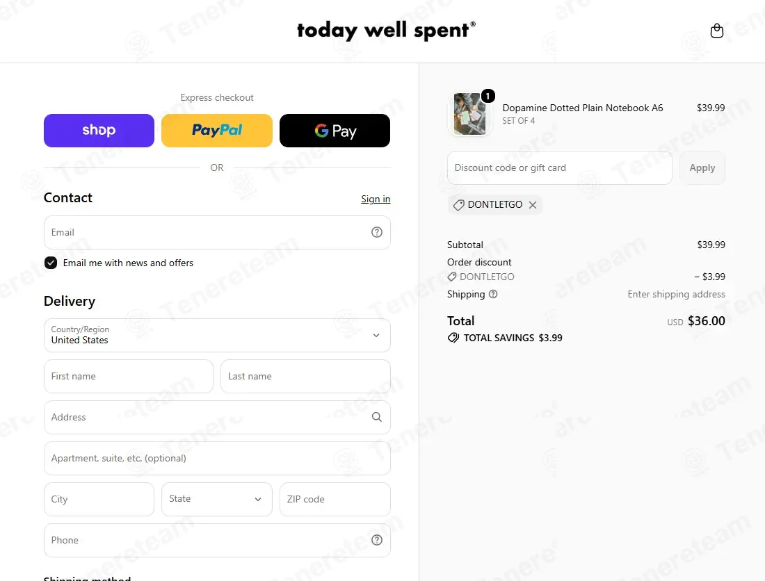 Today Well Spent coupon code: 10% off with DONTLETGO. Tested and valid as 2 weeks ago.