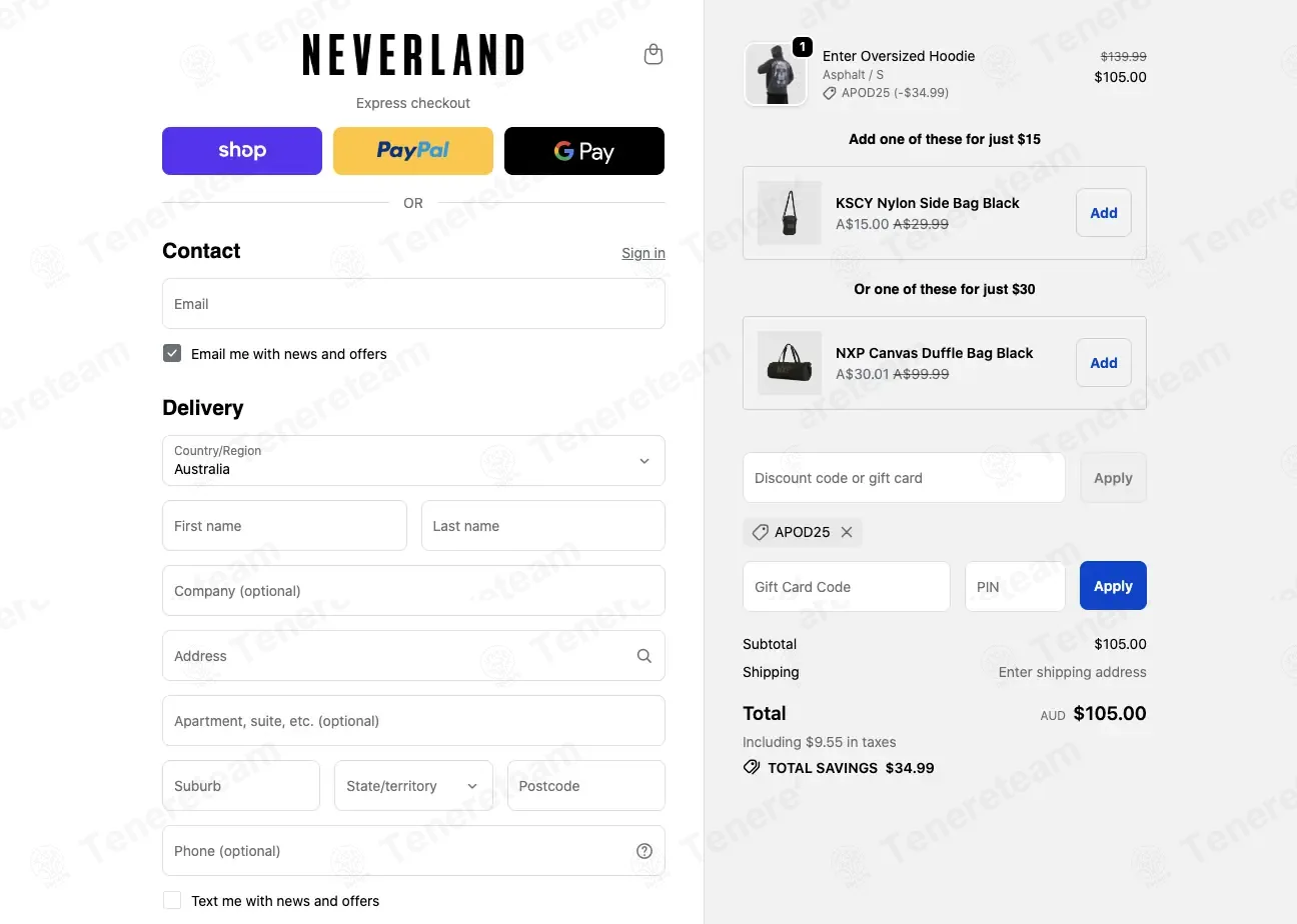 Neverland Store AU coupon code: 25% off with APOD25. Tested and valid as 3 weeks ago.