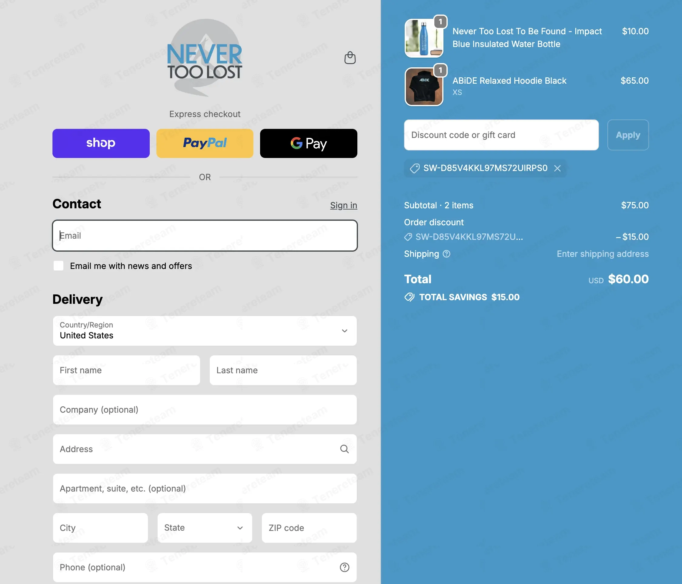 Never Too Lost coupon code: 20% off with SW-D85V4KKL97MS72UIRPS0. Tested and valid as 2 months ago.