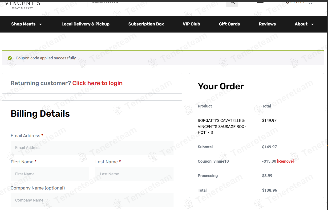 Vincent's Meat Market coupon code: 10% off with VINNIE10. Tested and valid as 1 year ago.