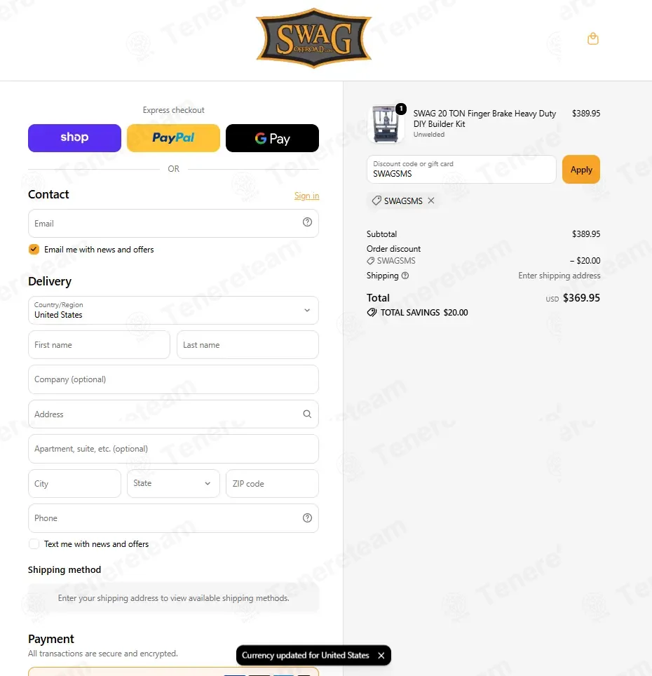 SWAG Off Road coupon code: $20 off with SWAGSMS. Tested and valid as 4 weeks ago.