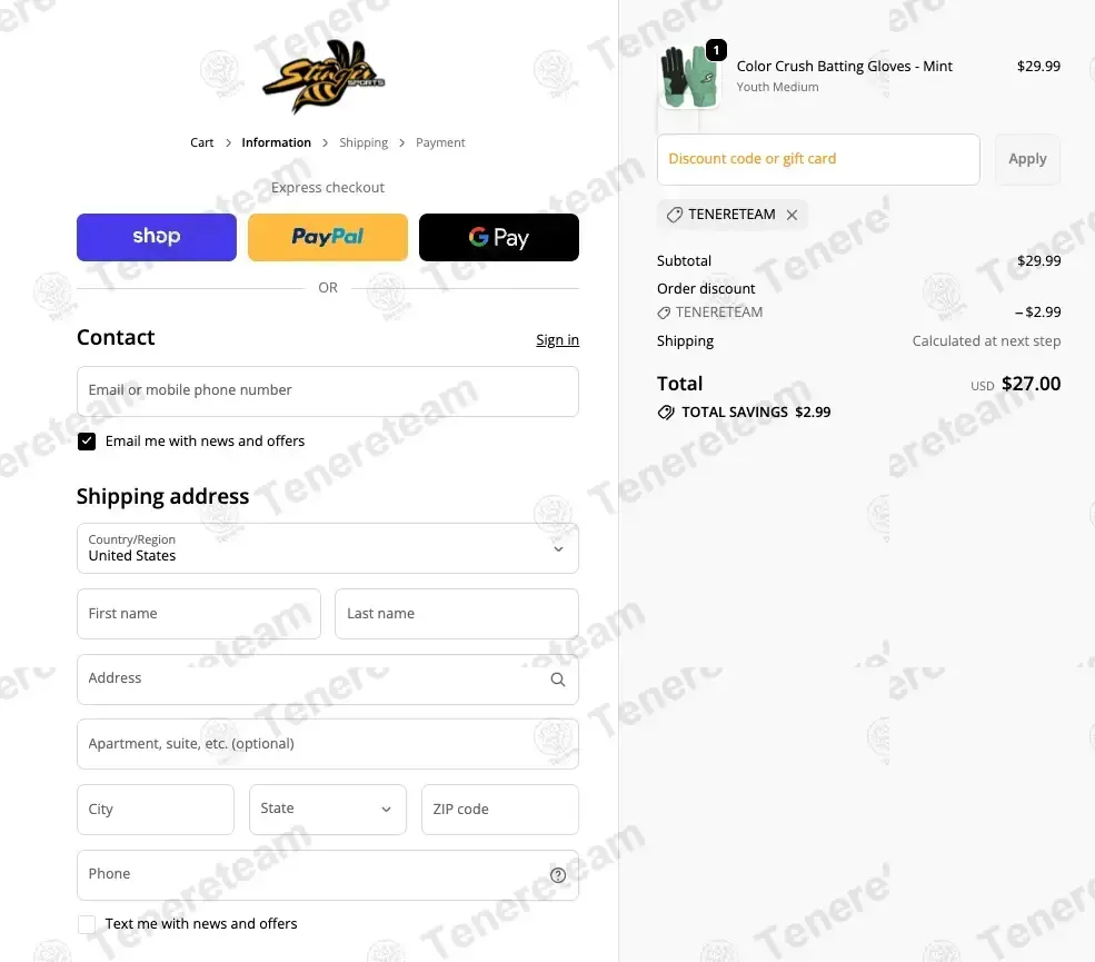 Stinger Sports coupon code: 10% off with TENERETEAM. Tested and valid as 2 weeks ago.