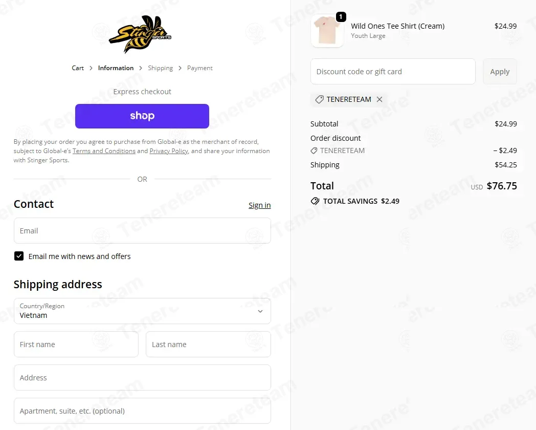 Stinger Sports coupon code: 10% off with TENERETEAM. Tested and valid as 2 weeks ago.