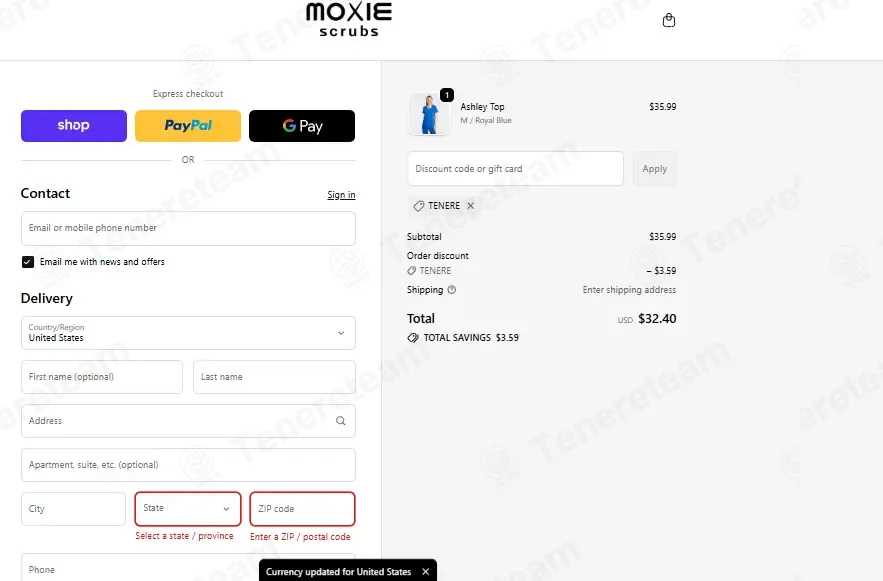 Moxie Scrubs coupon code: 10% off with TENERE. Tested and valid as 1 week ago.