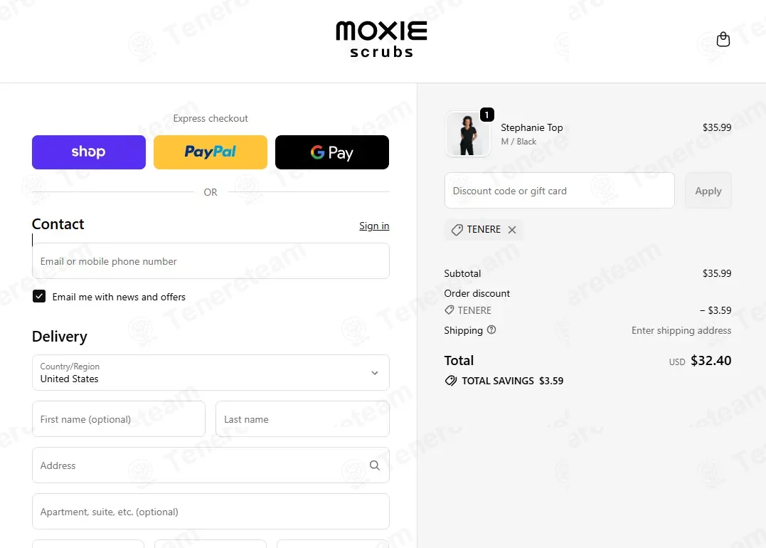 Moxie Scrubs coupon code: 10% off with TENERE. Tested and valid as 1 week ago.