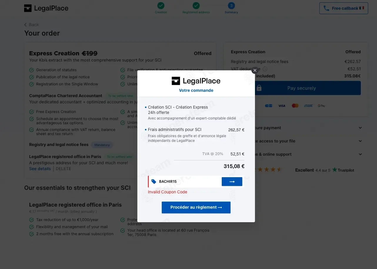 Legal Place FR coupon code: 15% off with BACHIR15. Tested and valid as 6 months ago.