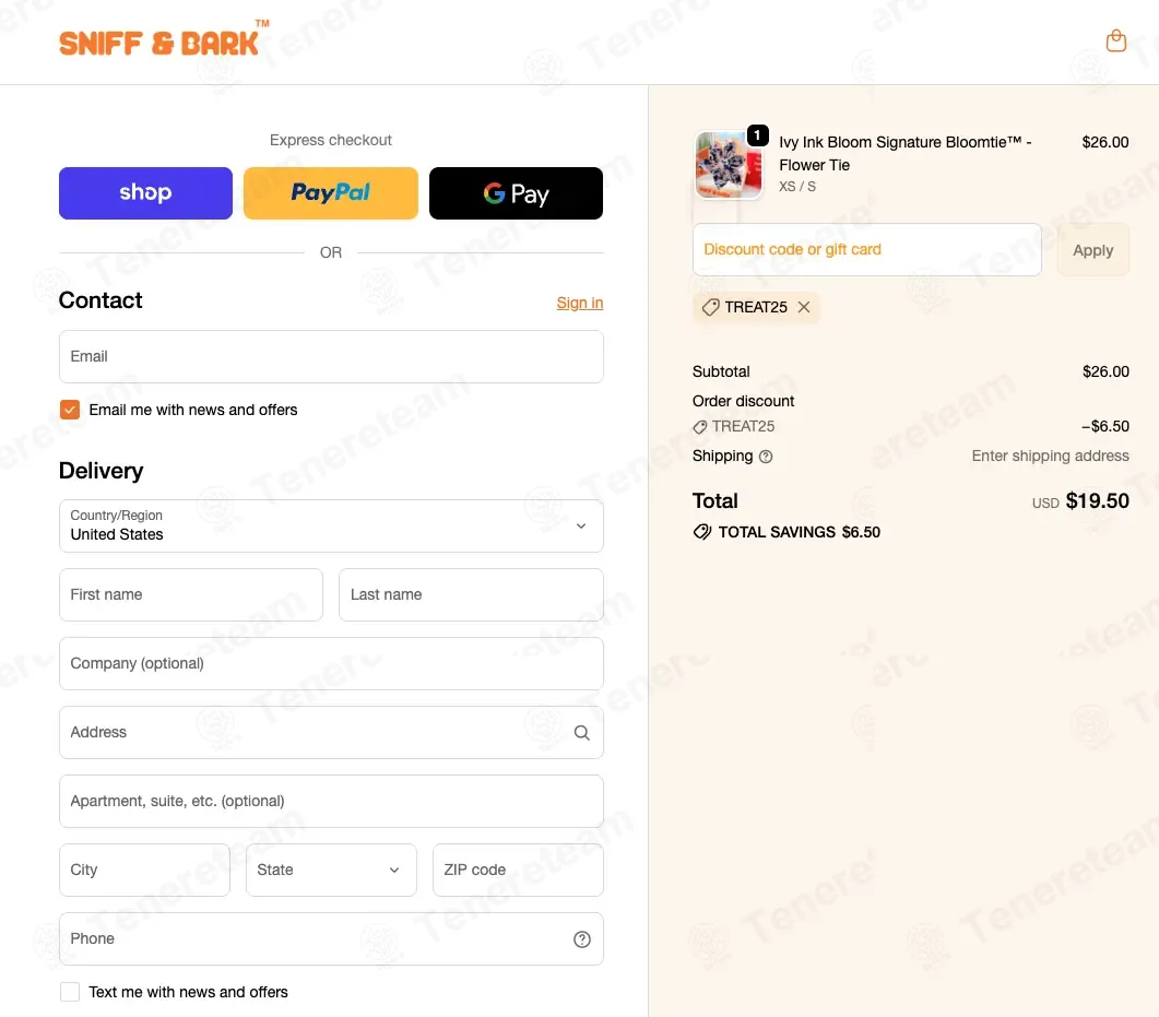 Sniff and Bark coupon code: 25% off with TREAT25. Tested and valid as 3 weeks ago.