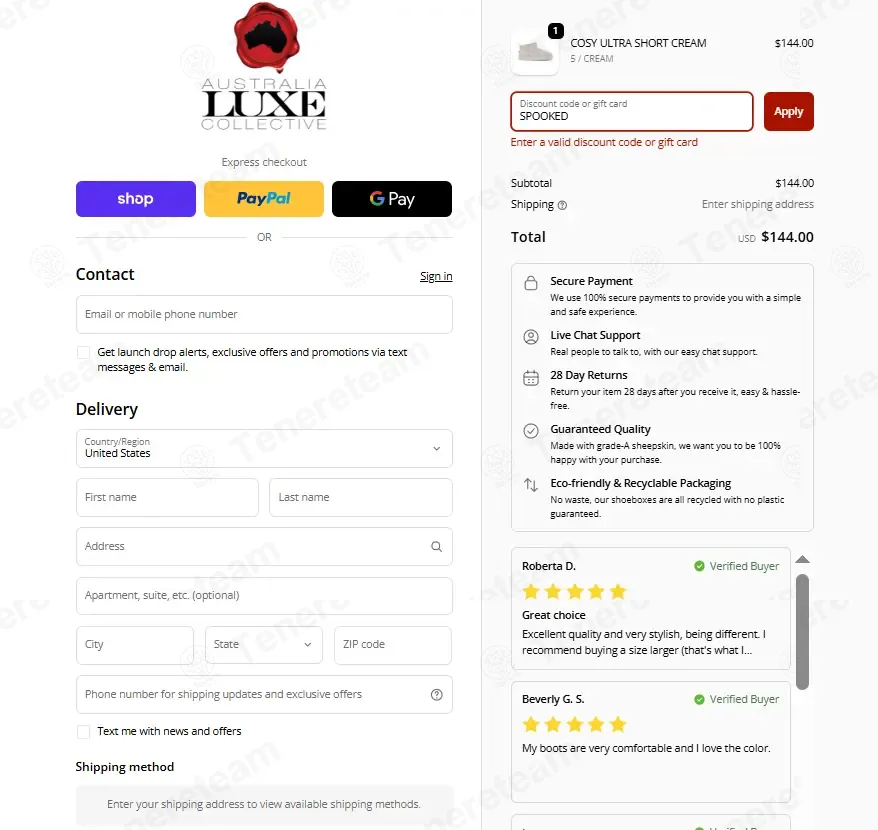 Australia Luxe Collective coupon code: 10% off with SPOOKED. Tested and valid as 1 month ago.