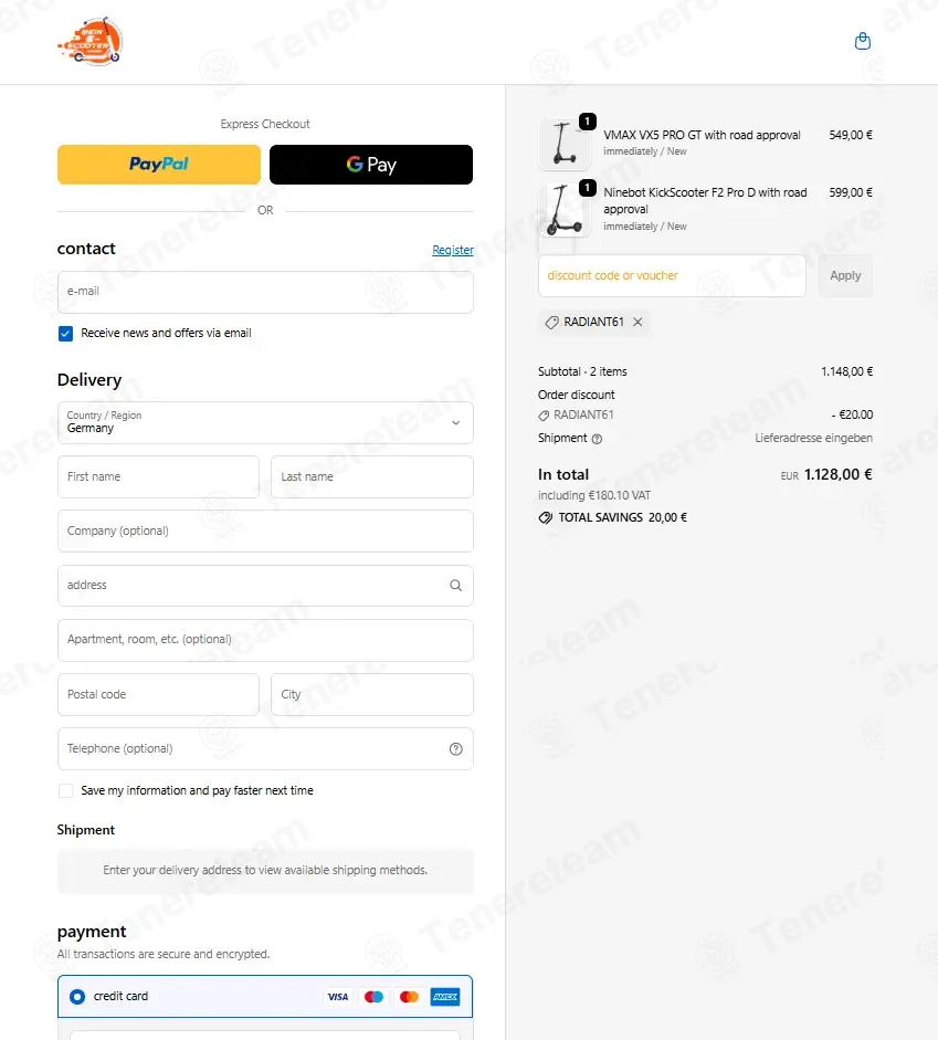 Mein Escooter coupon code: €20 off with RADIANT61. Tested and valid as 1 month ago.