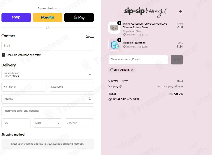Sip Sip Hooray coupon code: 10% off with JENNABESTIE. Tested and valid as 2 weeks ago.