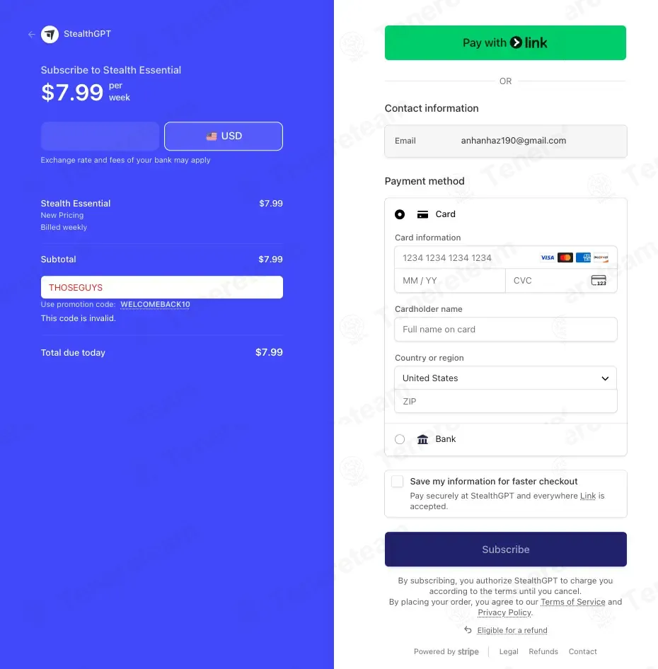 StealthGPT coupon code: 50% off with THOSEGUYS. Tested and valid as 2 months ago.