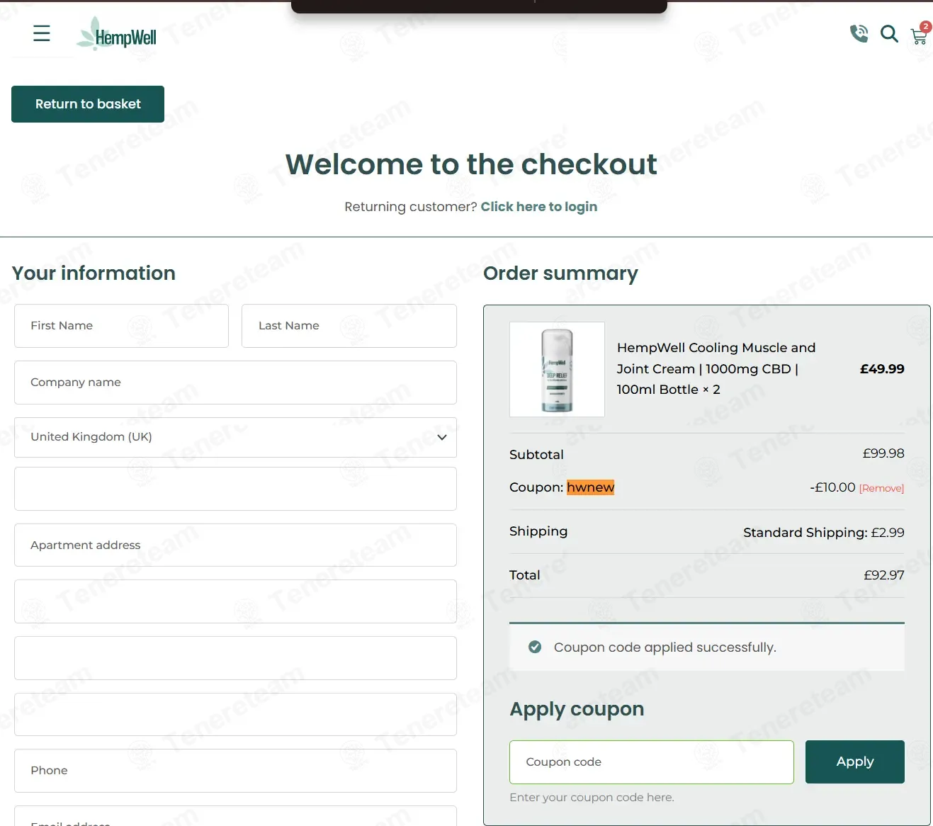 Hemp Well UK coupon code: 10% off with HWNEW. Tested and valid as 2 months ago.