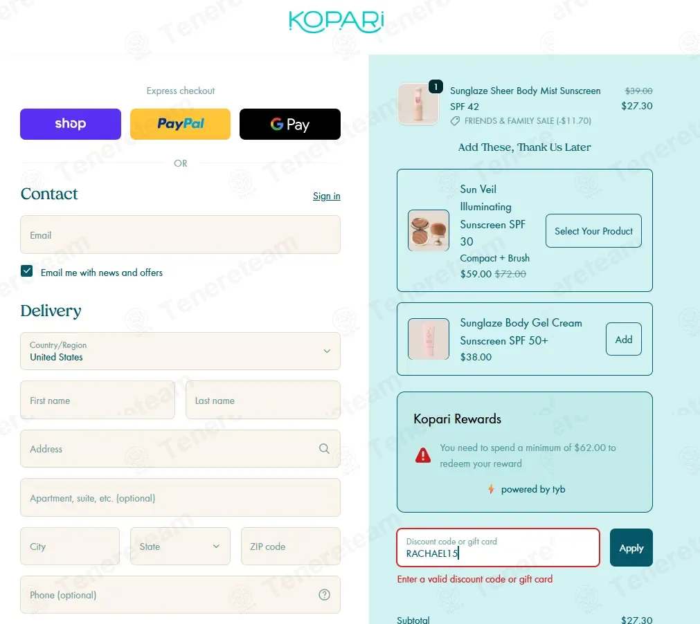 Kopari coupon code: 15% off with RACHAEL15. Tested and valid as 2 months ago.