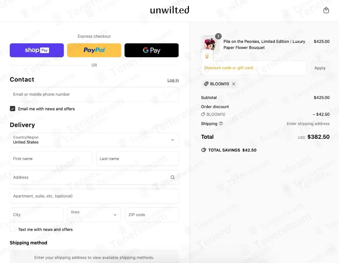 Unwilted coupon code verified as working at checkout