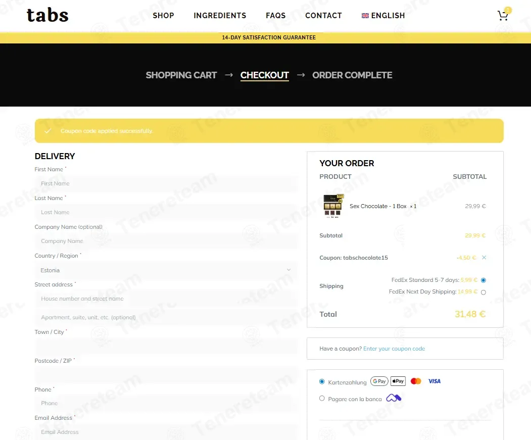 Tabs Chocolate EU coupon code: 15% off with TABSCHOCOLATE15. Tested and valid as 1 week ago.