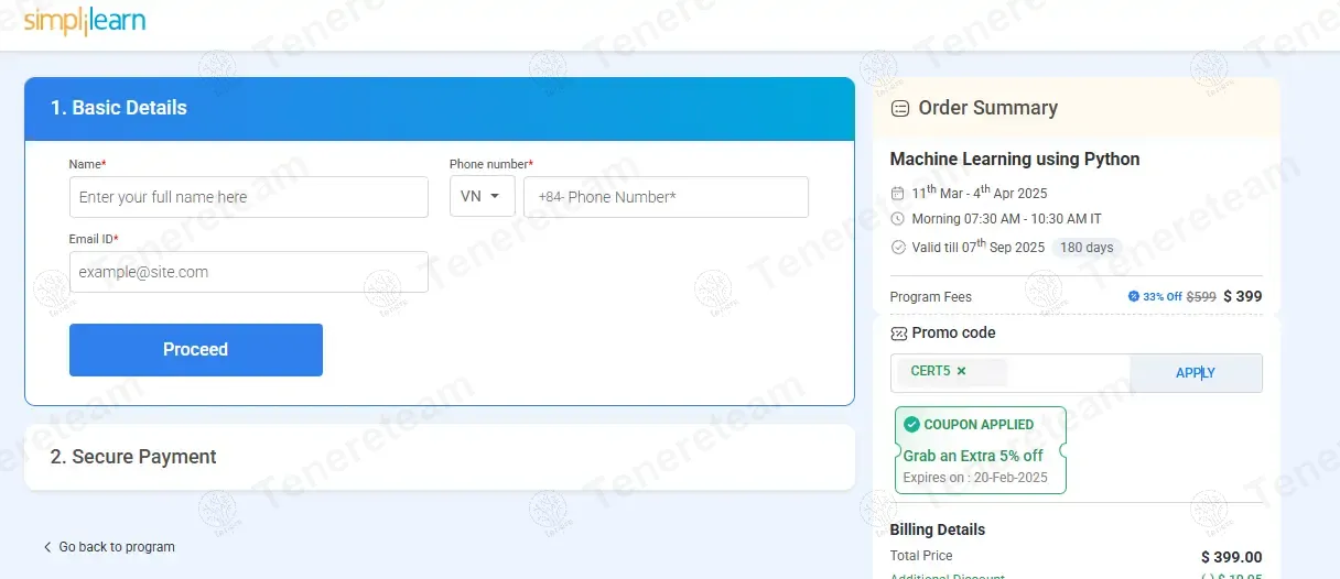SimpliLearn coupon code: 5% off with CERT. Tested and valid as 11 months ago.