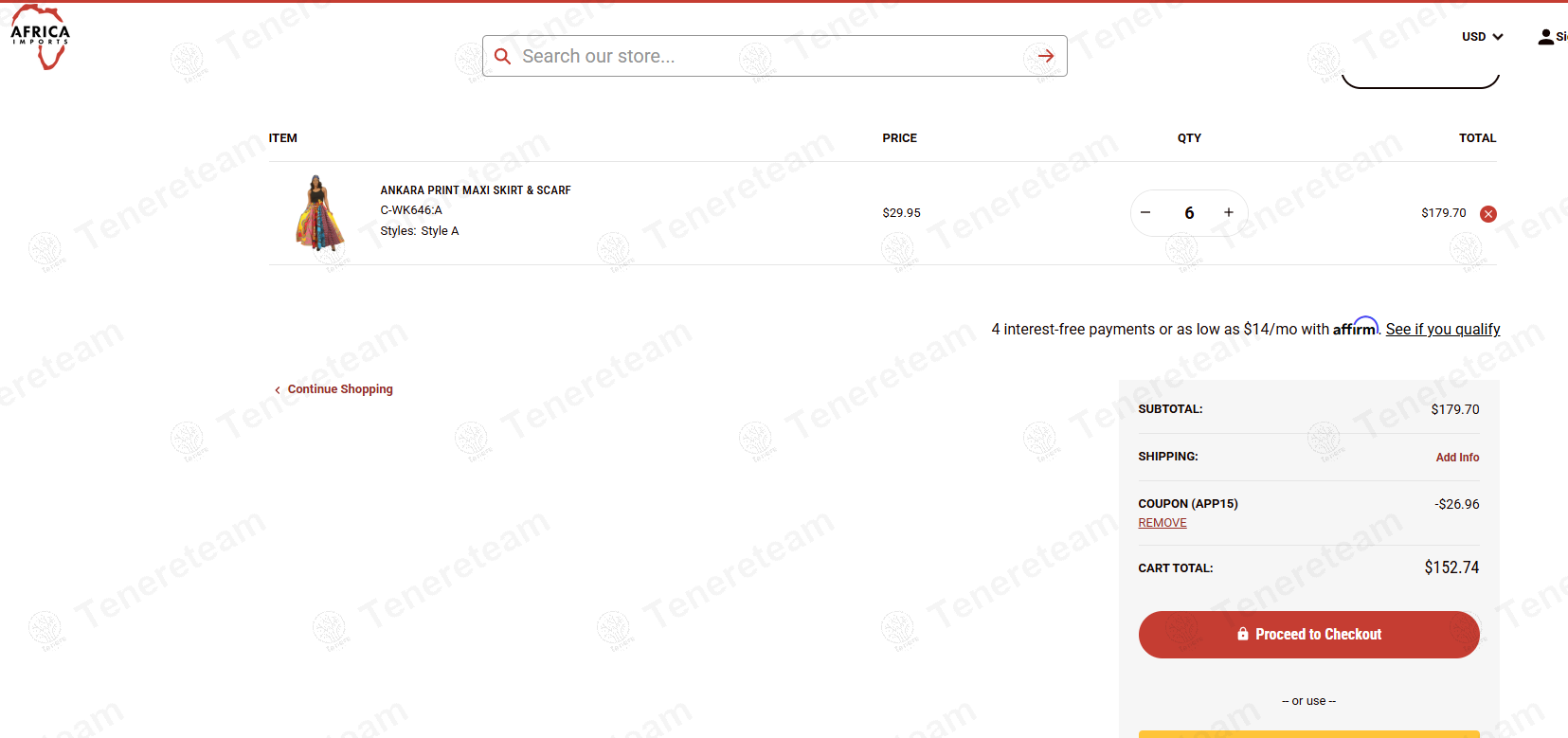 Africa Imports coupon code: 15% off with APP15. Tested and valid as 6 months ago.