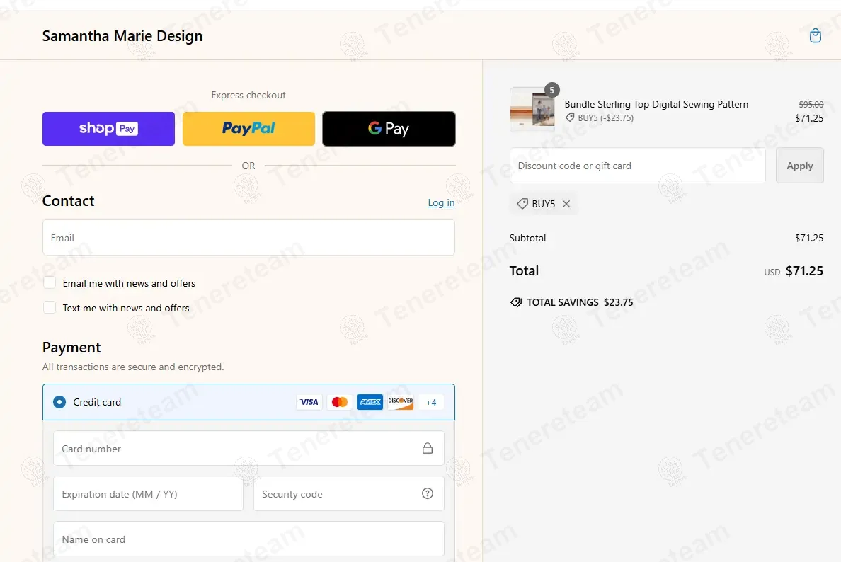 Samantha Marie Design coupon code: 25% off with BUY5. Tested and valid as 9 months ago.