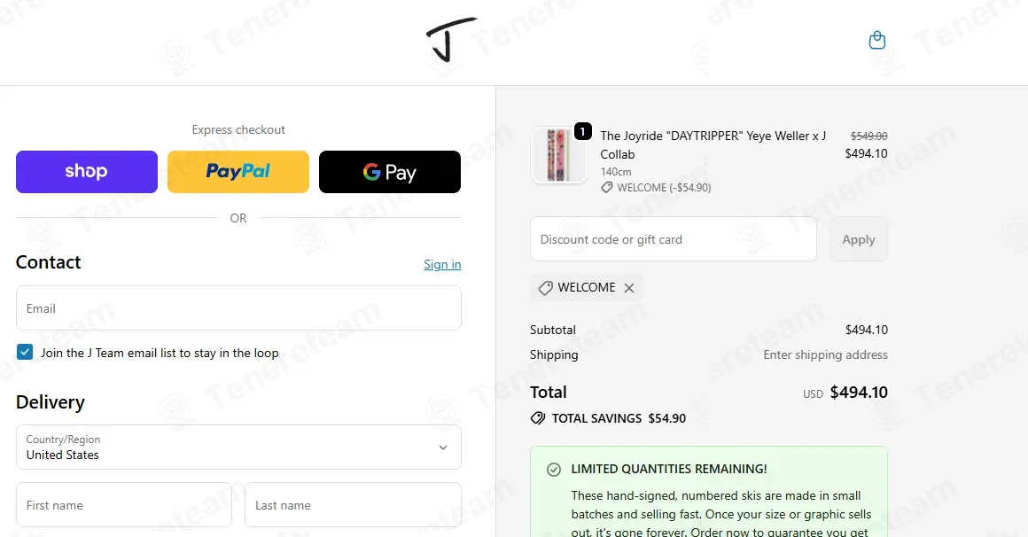 J skis coupon code: 10% off with WELCOME. Tested and valid as 8 months ago.