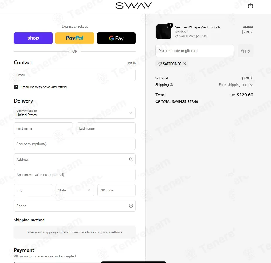 SWAY Hair Extensions coupon code: 20% off with SAFFRON20. Tested and valid as 1 week ago.