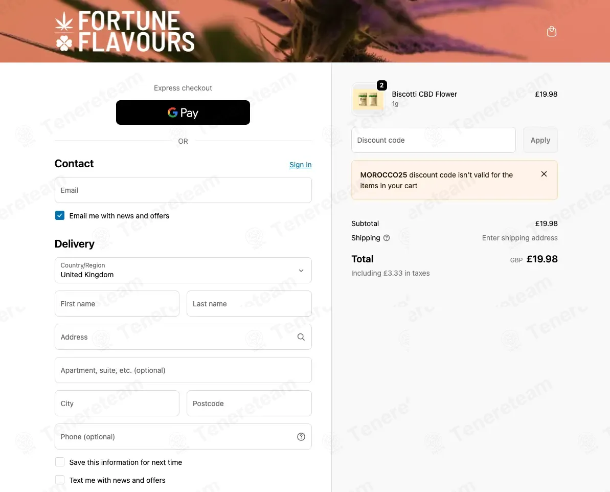 Fortune Flavours Shop coupon code: 25% off with MOROCCO25. Tested and valid as 1 week ago.