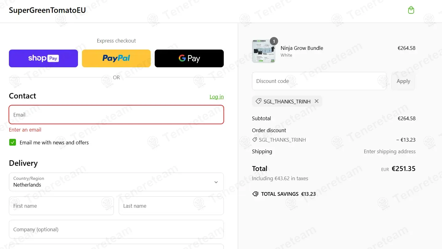 Super Green Tomato EU coupon code: 5% off with SGL_THANKS_TRINH. Tested and valid as 1 year ago.
