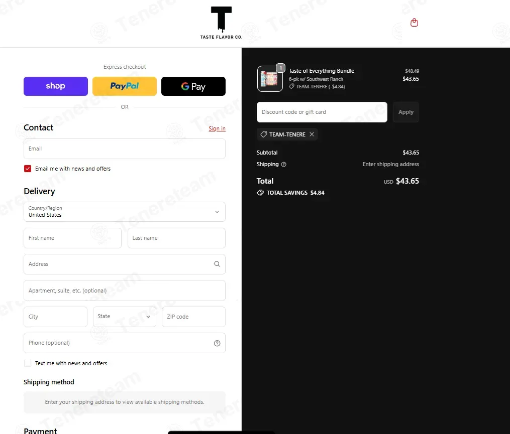 Taste Flavor Co coupon code: 10% off with TEAM-TENERE. Tested and valid as 1 month ago.