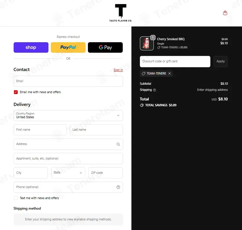 Taste Flavor Co coupon code: 10% off with TEAM-TENERE. Tested and valid as 1 month ago.
