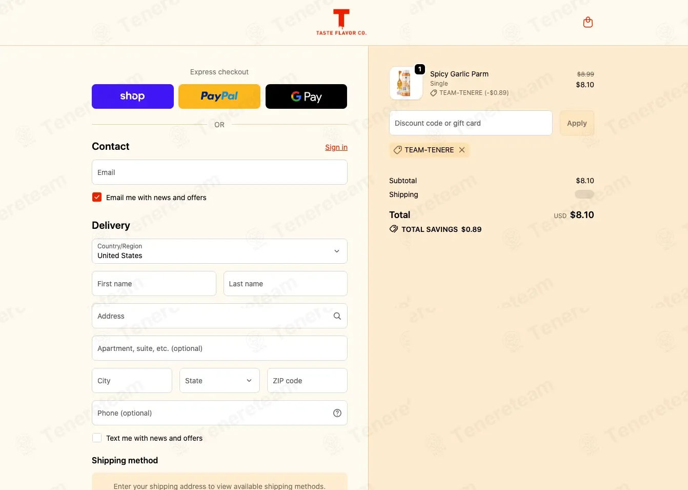 Taste Flavor Co coupon code: 10% off with TEAM-TENERE. Tested and valid as 1 month ago.