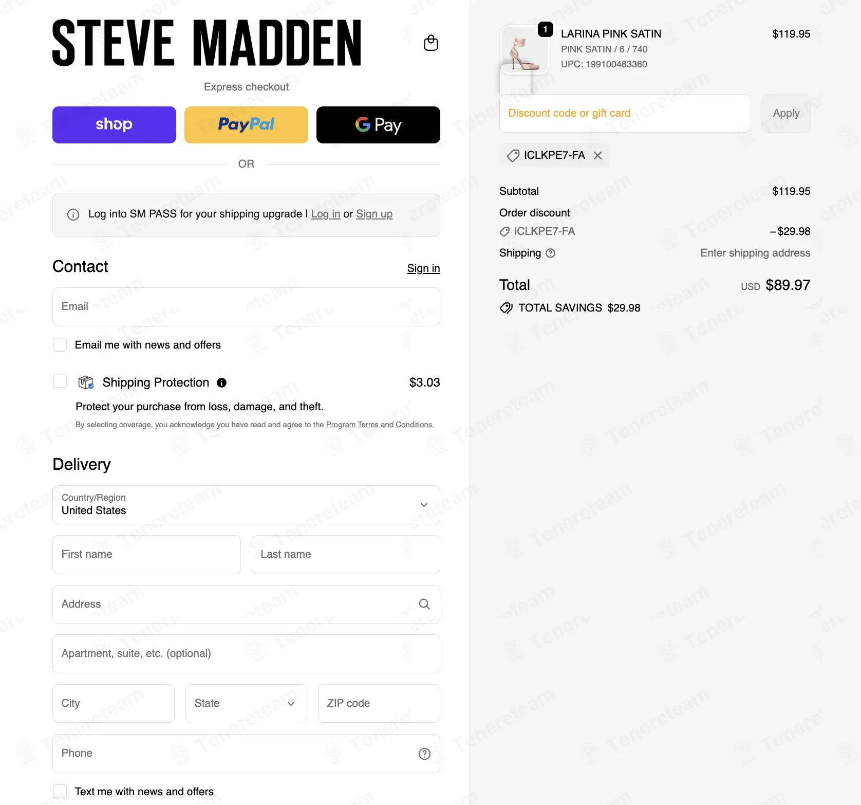 Steve Madden coupon code: 25% off with ICLKPE7-FA. Tested and valid as 3 weeks ago.