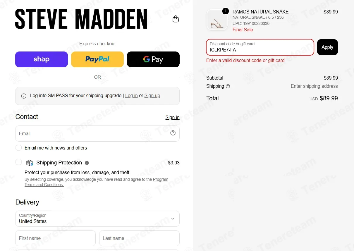 Steve Madden coupon code: 25% off with ICLKPE7-FA. Tested and valid as 2 weeks ago.