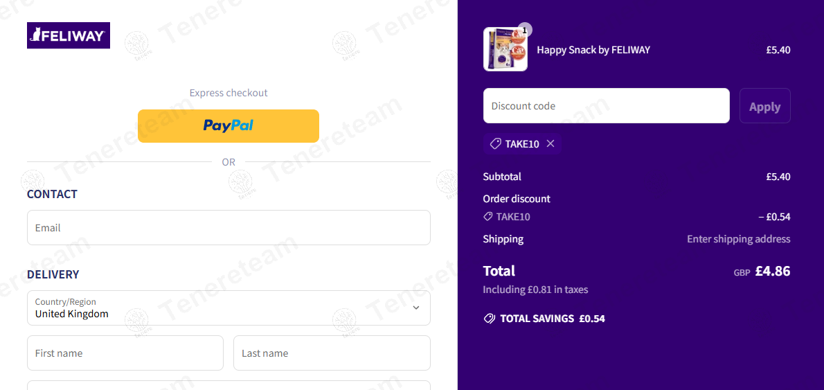 Feliway coupon code: 10% off with TAKE10. Tested and valid as 8 months ago.