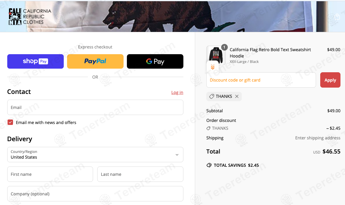 California Republic Clothes coupon code: 5% off with THANKS. Tested and valid as 1 year ago.