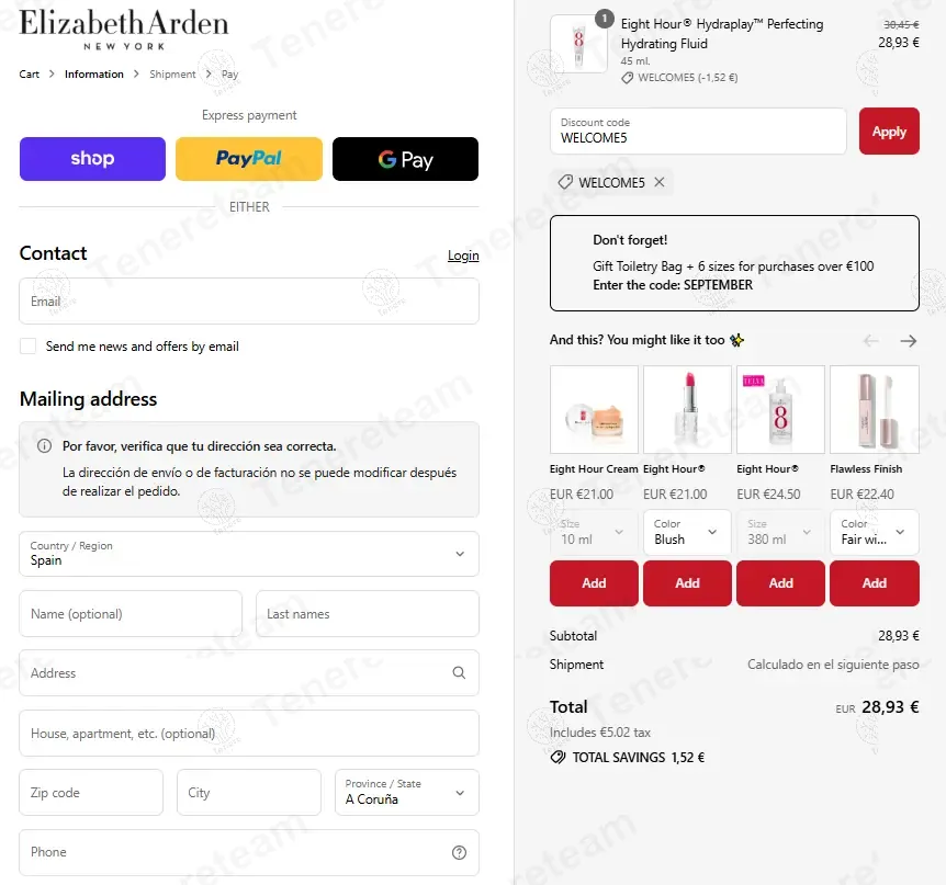Elizabeth Arden ES coupon code: 5% off with WELCOME5. Tested and valid as 8 months ago.