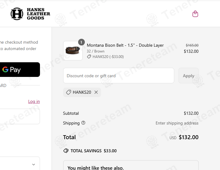 Hanks Belts coupon code: 20% off with HANKS20. Tested and valid as 1 year ago.