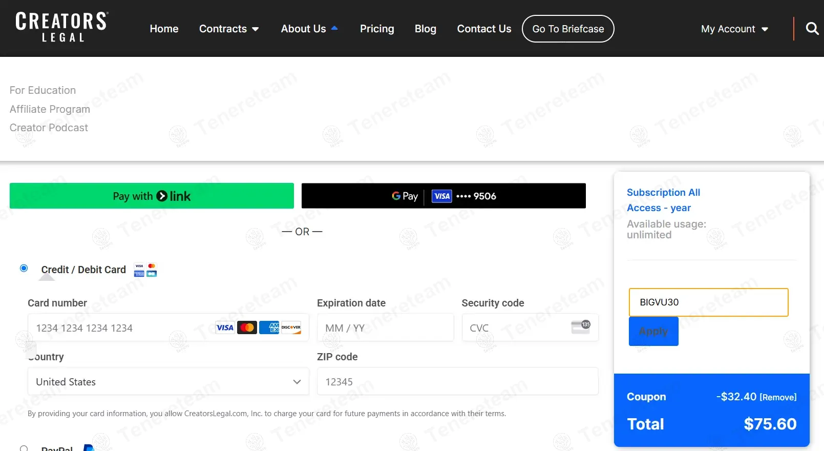 Creators Legal coupon code: 30% off with BIGVU30. Tested and valid as 2 months ago.
