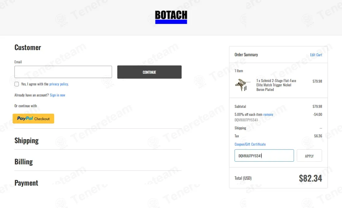 Botach Tactical coupon code: 5% off with DQV8UU7PYS541. Tested and valid as 9 months ago.