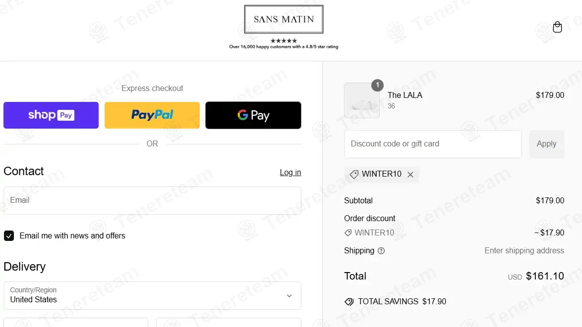 SANS MATIN USA apply coupon code