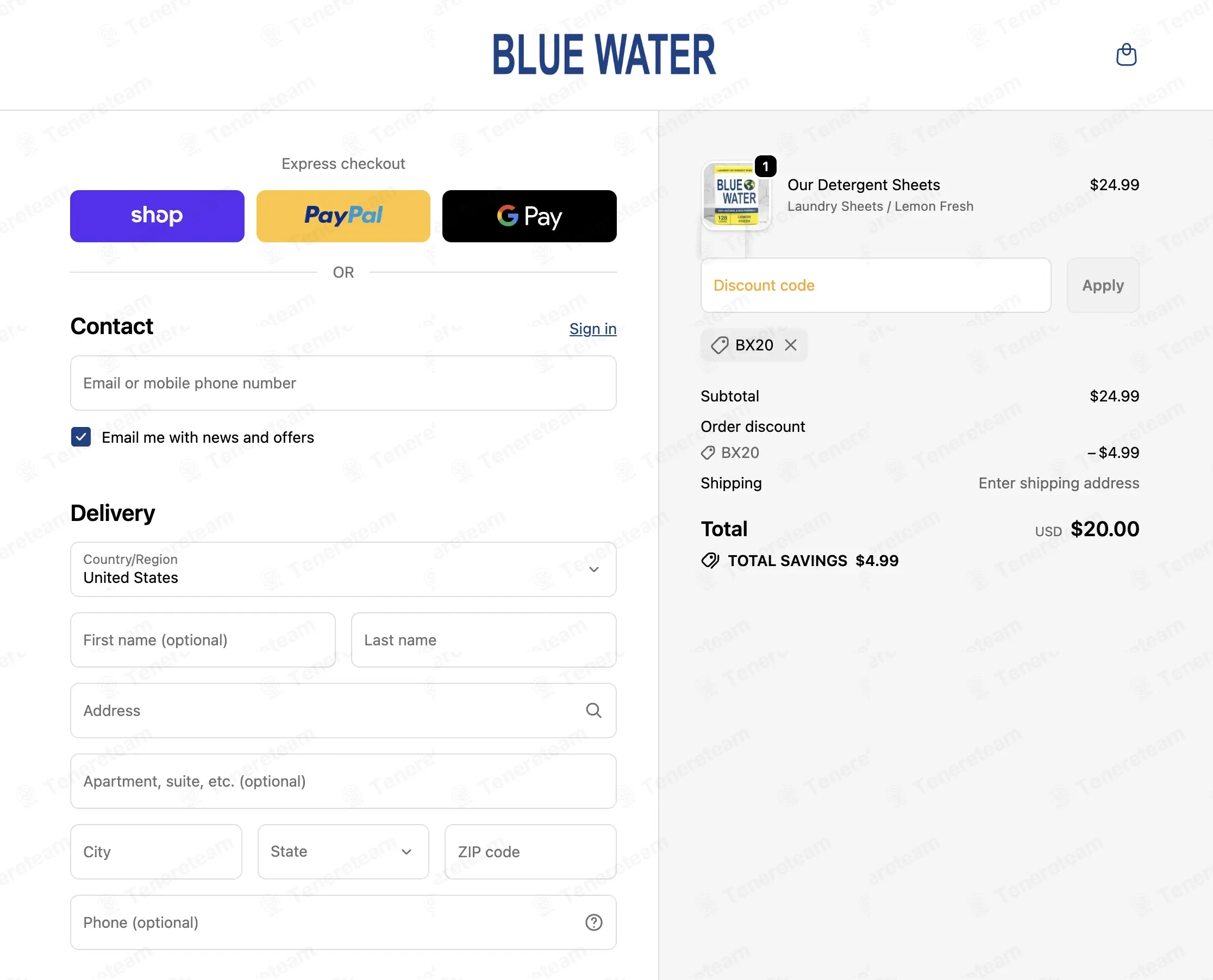 Blue Water coupon code: 20% off with BX20. Tested and valid as 7 months ago.