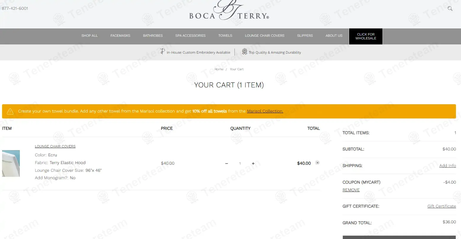 Boca Terry coupon code: 10% off with MYCART. Tested and valid as 1 year ago.